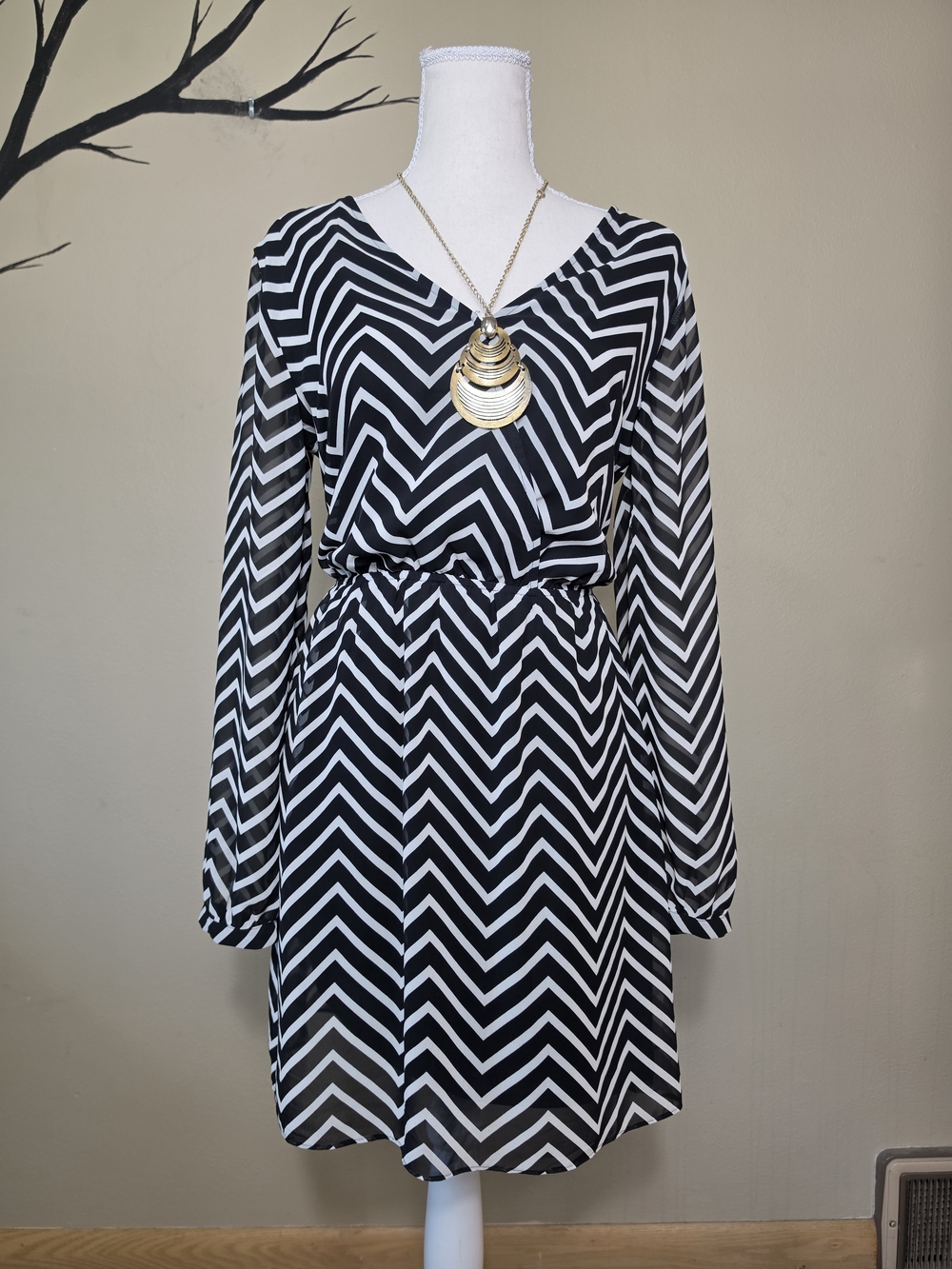 Express Black & White Chevron Wrap Dress | Size Small | Long Sleeve Belted Dress